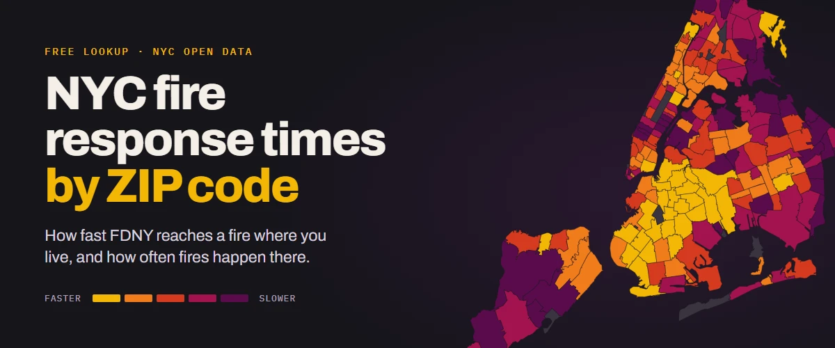 NYC fire response times by ZIP code: a map of every New York City ZIP shaded from faster to slower FDNY arrival